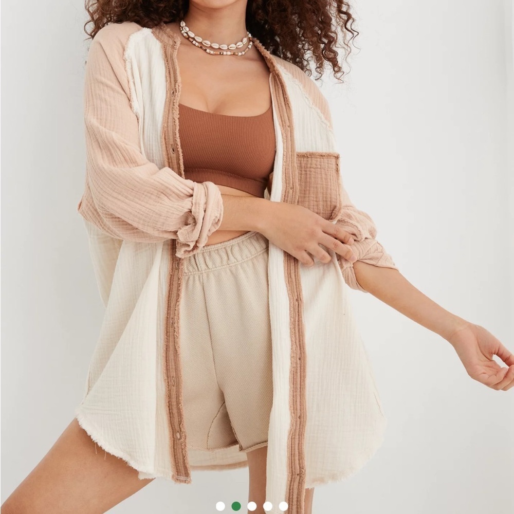 Aerie Cream and Tan Kids Button-Down Shirt
